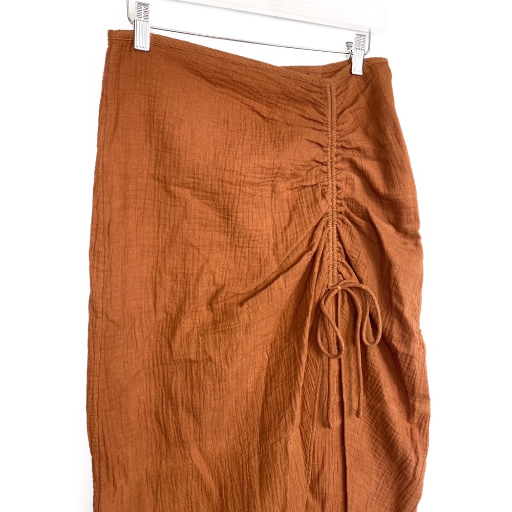 Free People Cotton Gauze Midi Skirt 6‎ Orange Natural Cerine Ruched High Waist - Picture 6 of 10